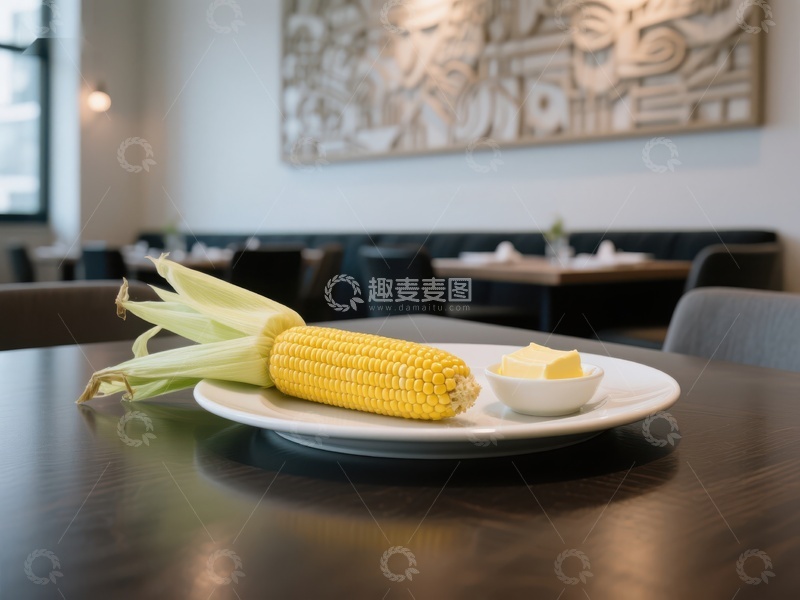 高清大图下载【趣麦麦图】餐厅桌上摆放的玉米与黄油
