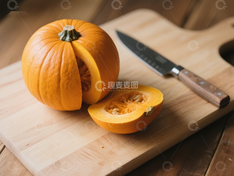 高清大图下载【趣麦麦图】切开的南瓜与刀具