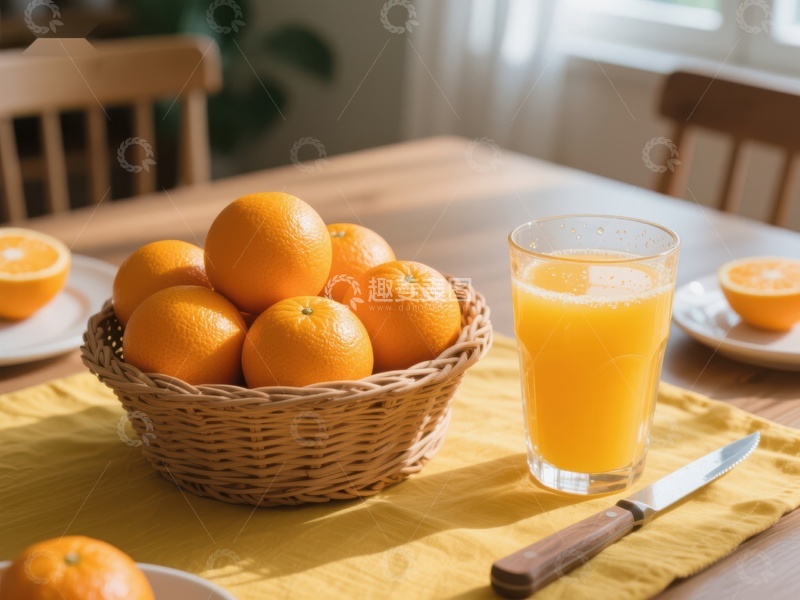 高清大图下载【趣麦麦图】新鲜橙子与果汁的早餐场景