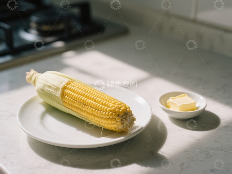 高清大图下载【趣麦麦图】盘中玉米配黄油，厨房光影