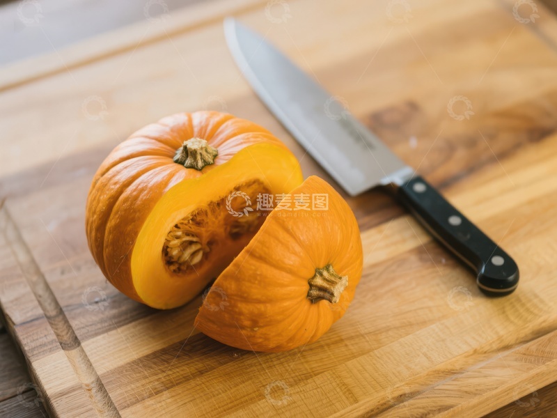 高清大图下载【趣麦麦图】切开的小南瓜与刀具