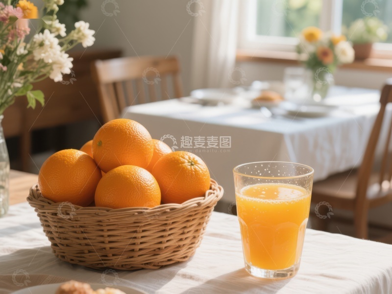 高清大图下载【趣麦麦图】橙子与果汁的温馨早餐场景