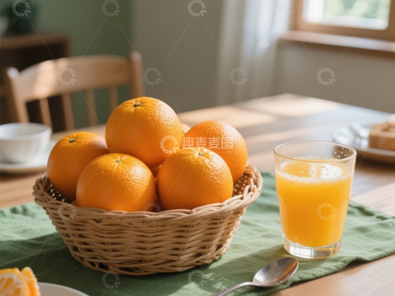高清大图下载【趣麦麦图】新鲜橙子与果汁的早餐场景
