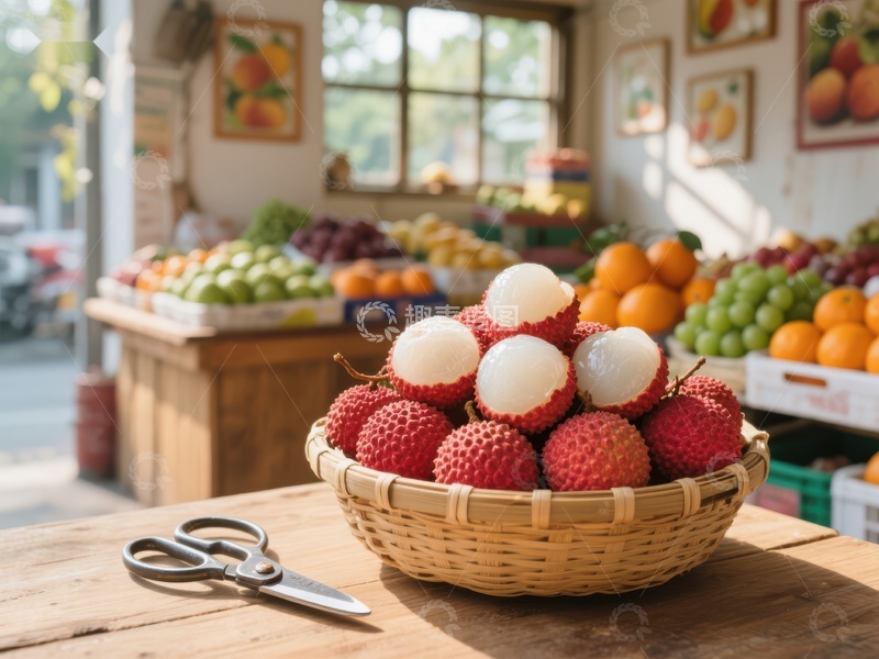 高清大图下载【趣麦麦图】新鲜荔枝摆放在水果店柜台