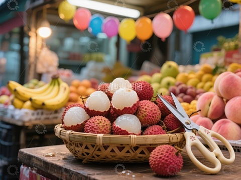 市场摊位上的新鲜荔枝与水果