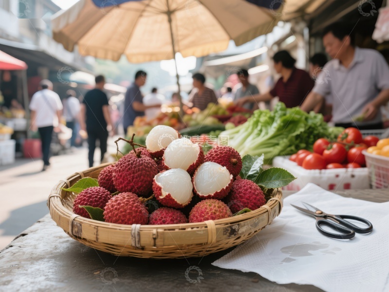 市场摊位上的新鲜荔枝与蔬菜