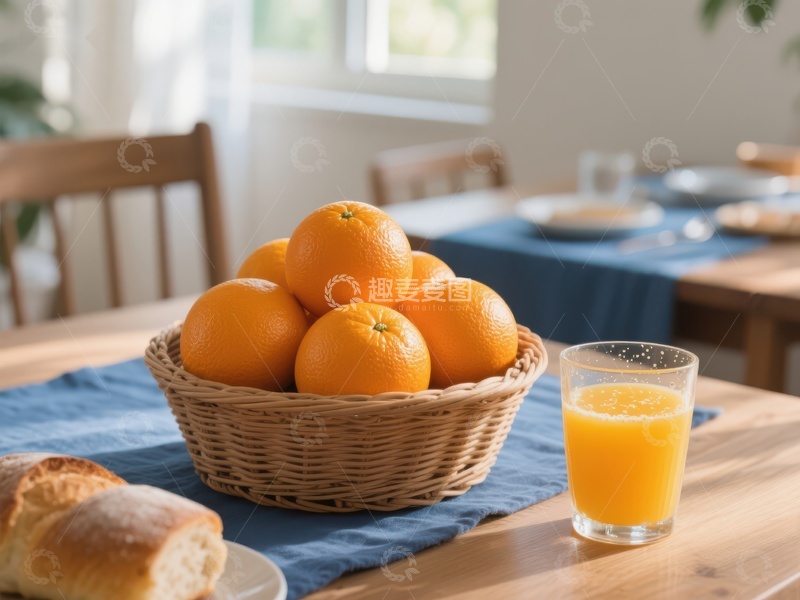 高清大图下载【趣麦麦图】早餐桌上摆放橙子和橙汁