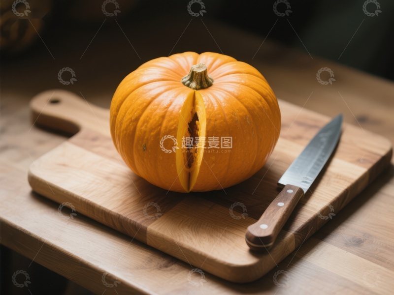 高清大图下载【趣麦麦图】切开的南瓜与刀具置于砧板上