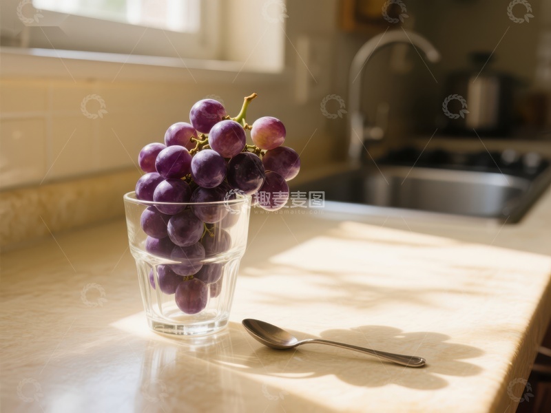 高清大图下载【趣麦麦图】阳光下的葡萄与水杯