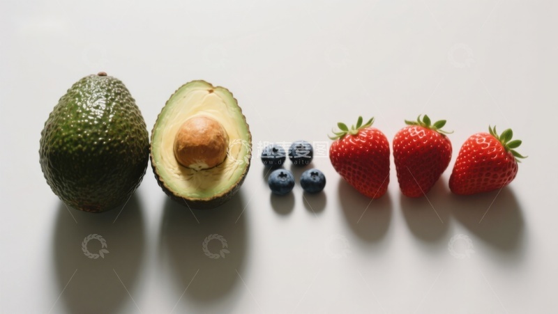 高清大图下载【趣麦麦图】新鲜水果排列：牛油果、蓝莓与草莓