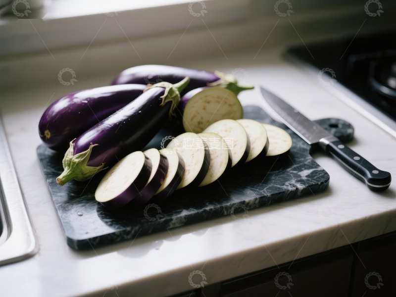 高清大图下载【趣麦麦图】切片茄子置于厨房砧板上