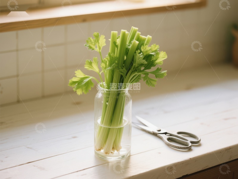 高清大图下载【趣麦麦图】新鲜芹菜置于玻璃瓶中