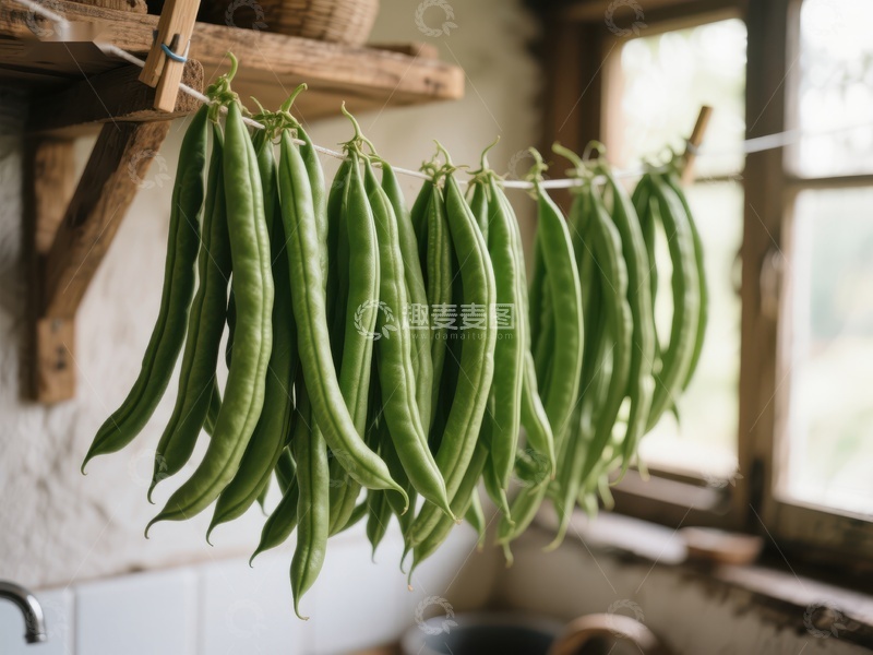 高清大图下载【趣麦麦图】悬挂晾干的绿色豆荚