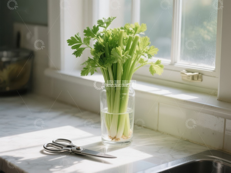 窗台上的芹菜与剪刀