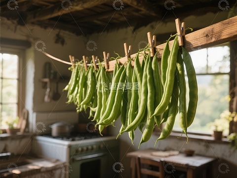 厨房晾晒的绿色豆角