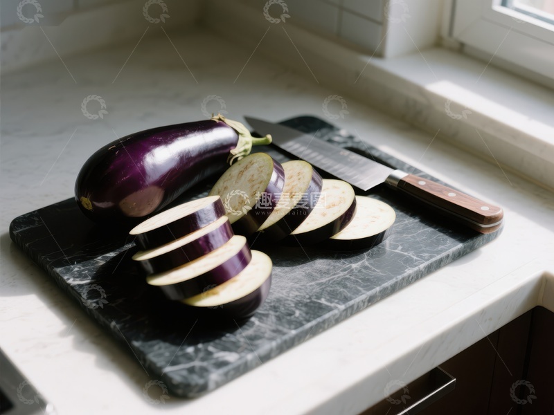 高清大图下载【趣麦麦图】切片茄子置于厨房砧板上