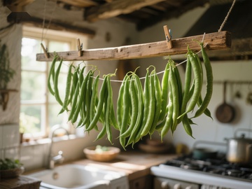 厨房悬挂的绿色豆荚