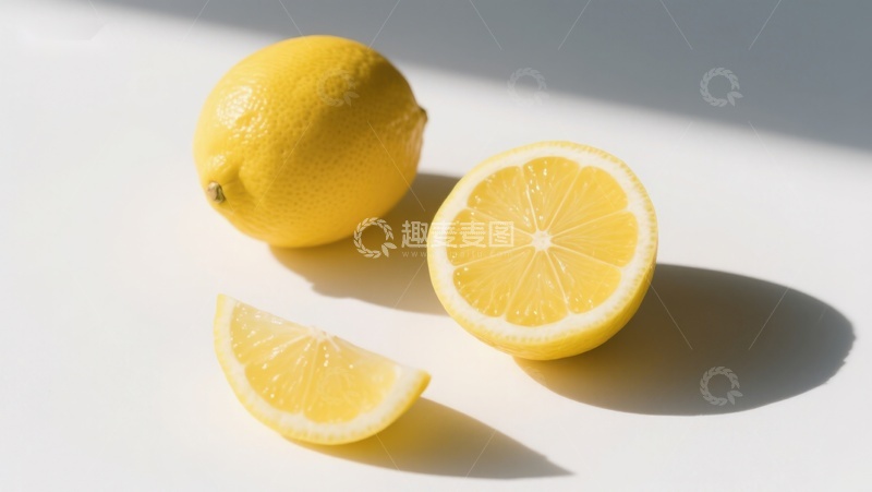 高清大图下载【趣麦麦图】新鲜柠檬切片与完整柠檬的光影展示