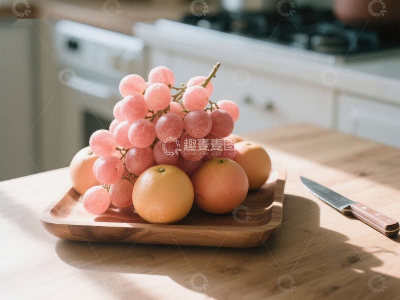 高清大图下载【趣麦麦图】木盘上的粉红葡萄与橙色水果