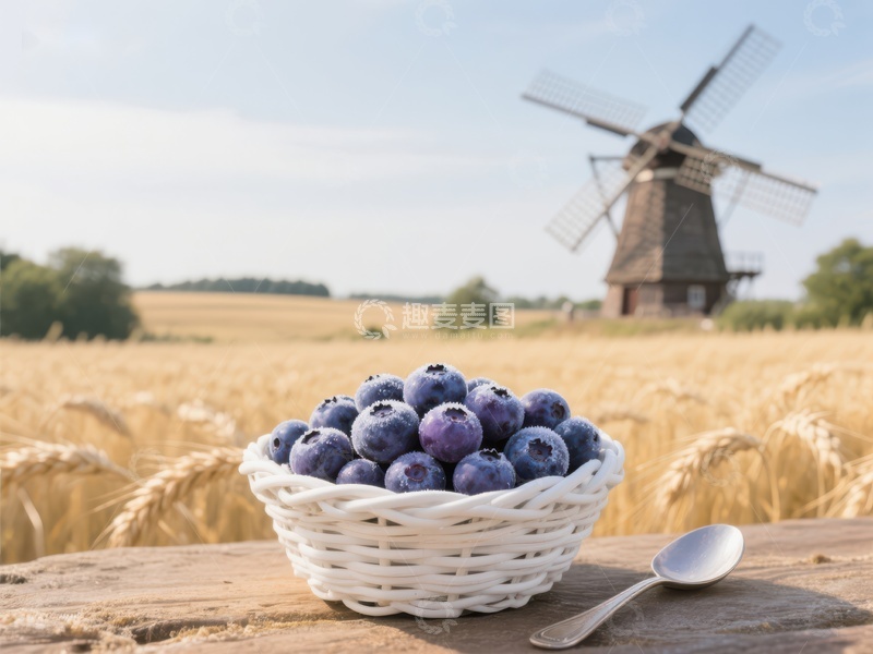 高清大图下载【趣麦麦图】蓝莓篮与风车田野