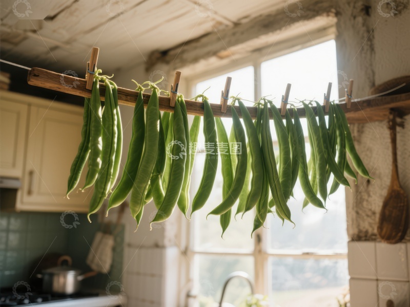 高清大图下载【趣麦麦图】厨房晾晒的绿色豆角