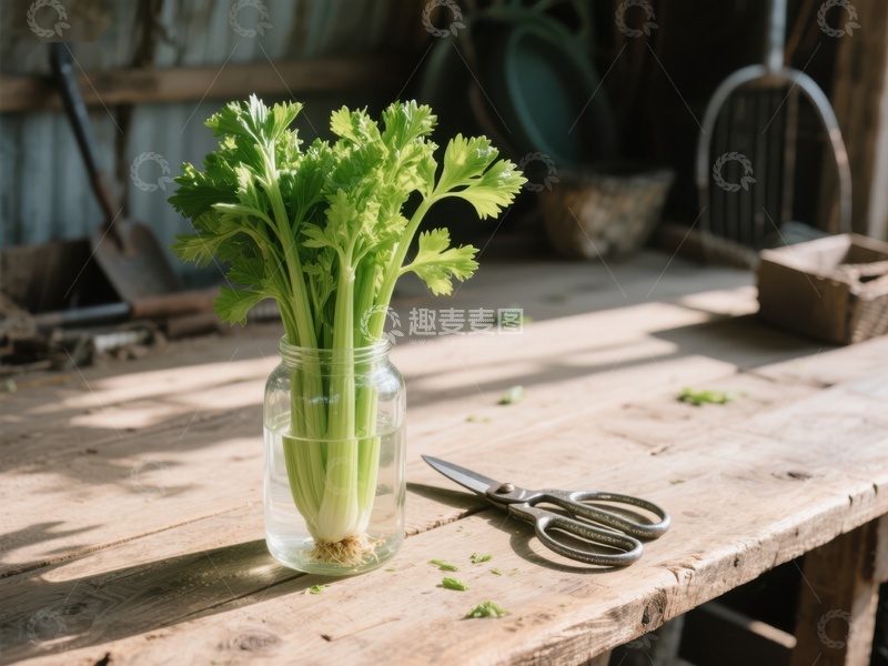 玻璃瓶中水培的芹菜