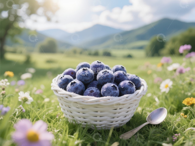高清大图下载【趣麦麦图】蓝莓篮子置于花田之中