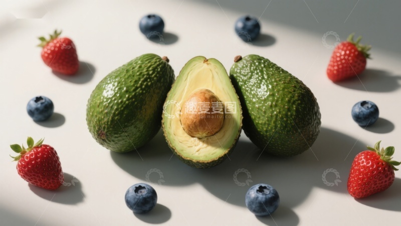 高清大图下载【趣麦麦图】新鲜牛油果与草莓蓝莓的组合