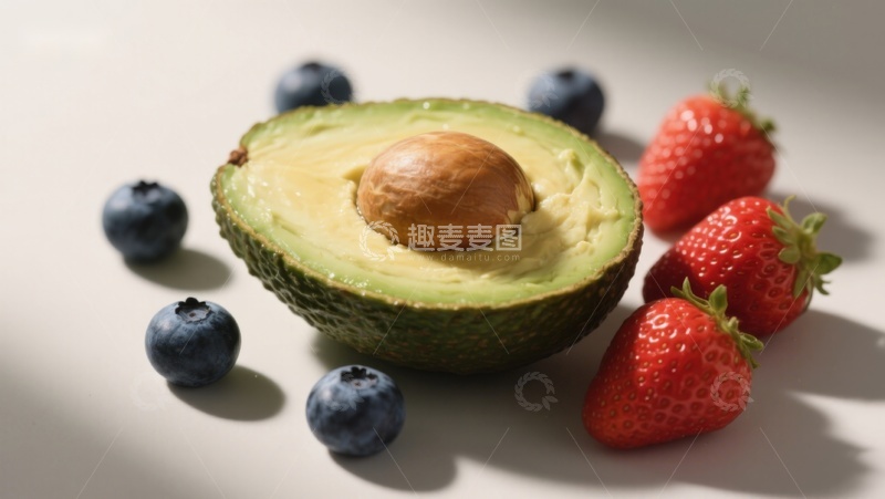 高清大图下载【趣麦麦图】新鲜水果组合：牛油果、草莓与蓝莓