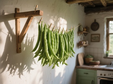 厨房中悬挂的绿色豆荚