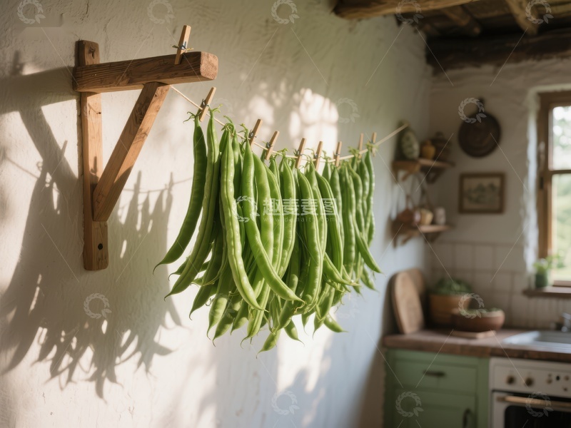 高清大图下载【趣麦麦图】厨房中悬挂的绿色豆荚