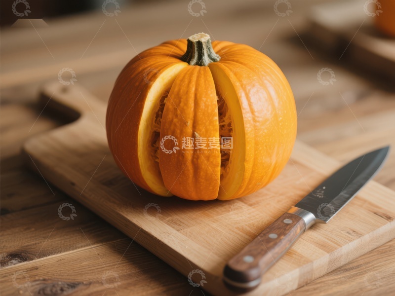 高清大图下载【趣麦麦图】切开的南瓜置于砧板上