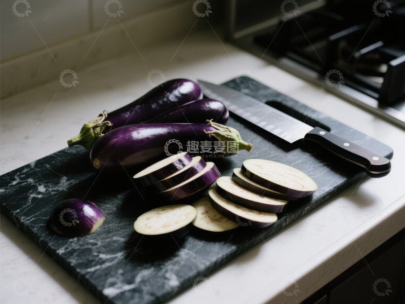 高清大图下载【趣麦麦图】切片茄子与刀具置于厨房砧板上