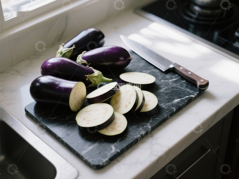 高清大图下载【趣麦麦图】厨房案板上的切片茄子