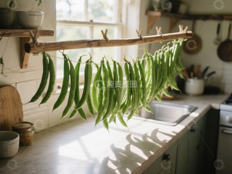高清大图下载【趣麦麦图】厨房窗边晾晒的绿色豆角