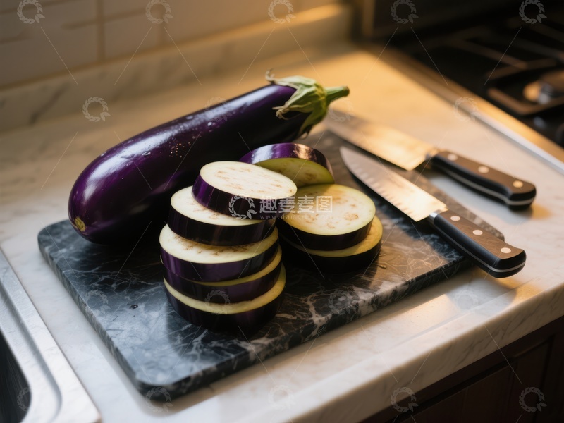 高清大图下载【趣麦麦图】切片茄子与刀具置于厨房砧板上
