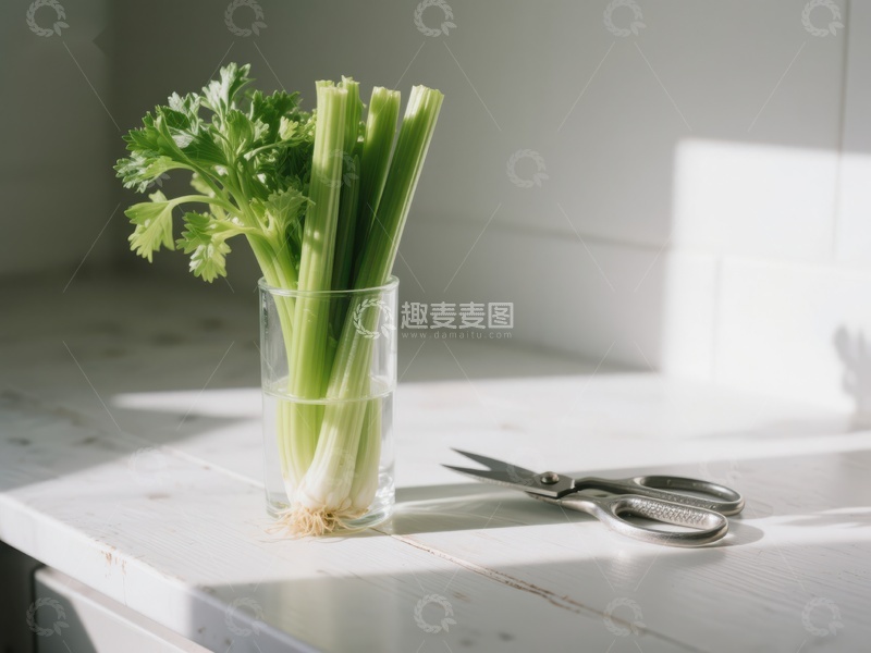 高清大图下载【趣麦麦图】-阳光下的芹菜与剪刀