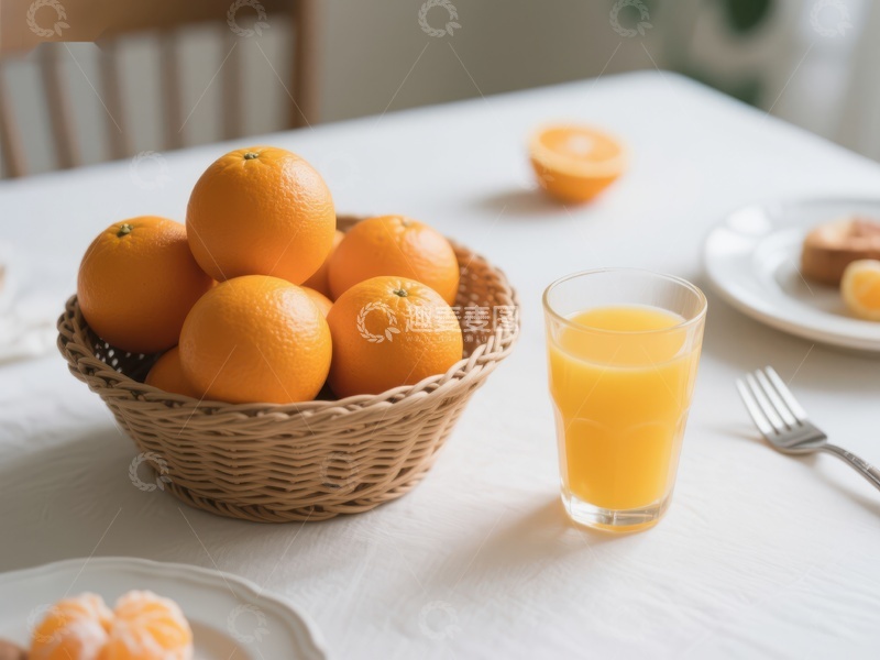 高清大图下载【趣麦麦图】新鲜橙子与果汁的早餐场景