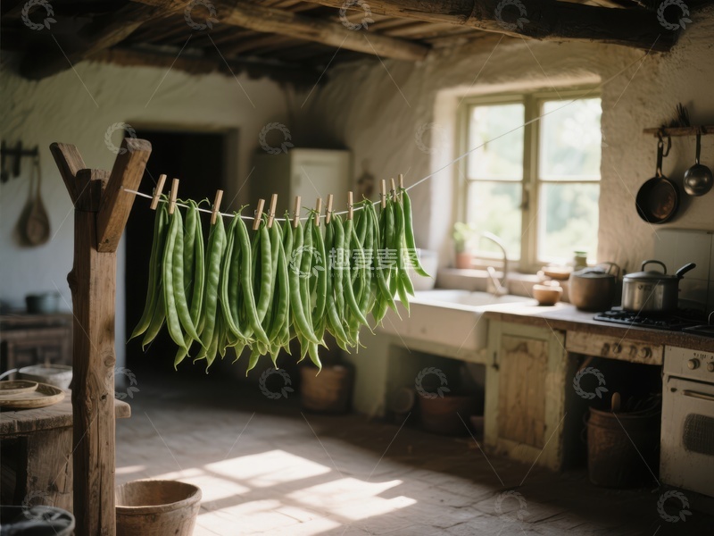 高清大图下载【趣麦麦图】乡村厨房中晾晒的绿色豆荚