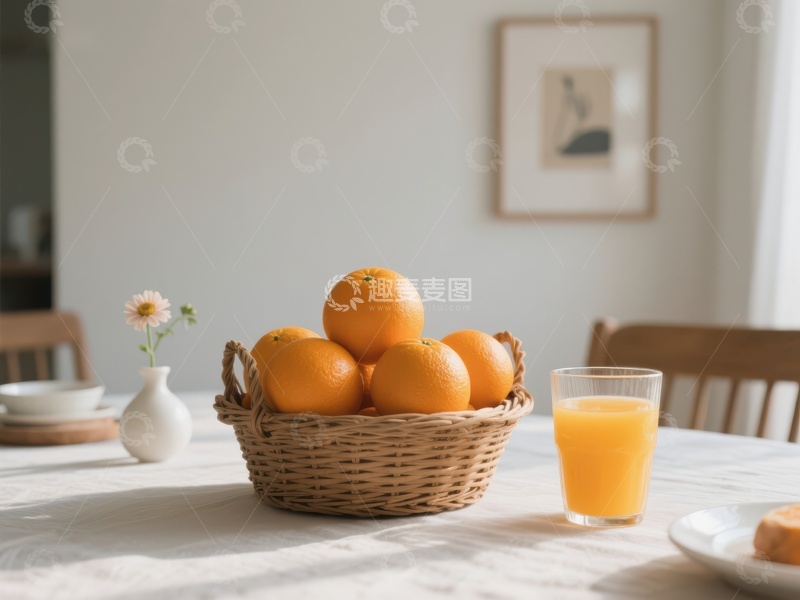 高清大图下载【趣麦麦图】橙子篮与果汁的温馨早餐