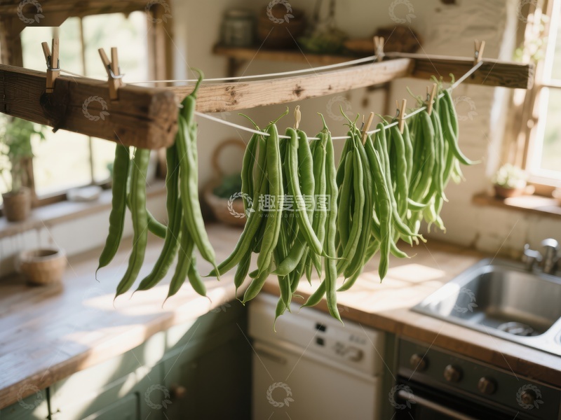 高清大图下载【趣麦麦图】厨房中悬挂晾干的四季豆