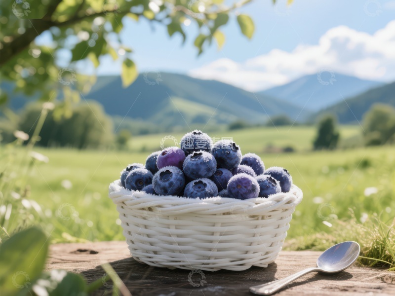 高清大图下载【趣麦麦图】蓝莓篮子置于户外自然风光中