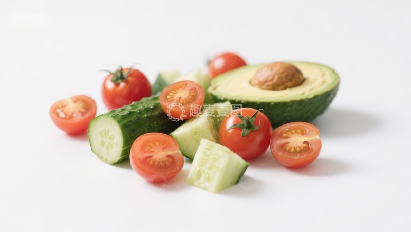 高清大图下载【趣麦麦图】新鲜蔬菜组合：番茄、黄瓜与牛油果