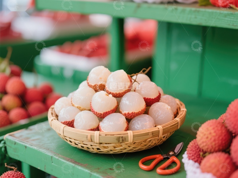 高清大图下载【趣麦麦图】新鲜荔枝展示于竹篮中