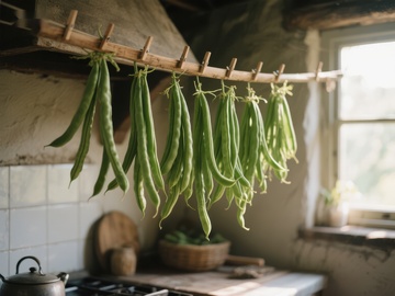 厨房悬挂的绿色豆荚