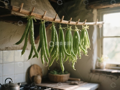 厨房悬挂的绿色豆荚