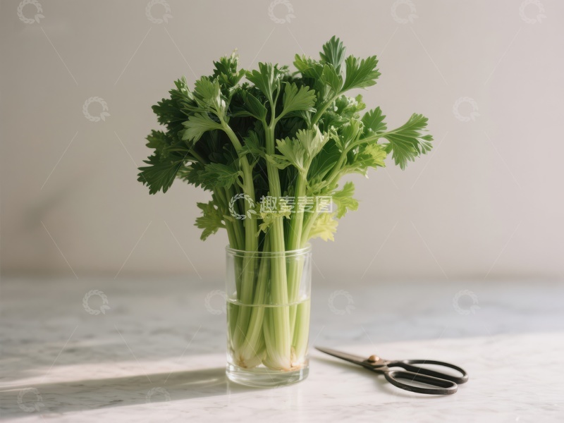 高清大图下载【趣麦麦图】新鲜芹菜置于玻璃杯中