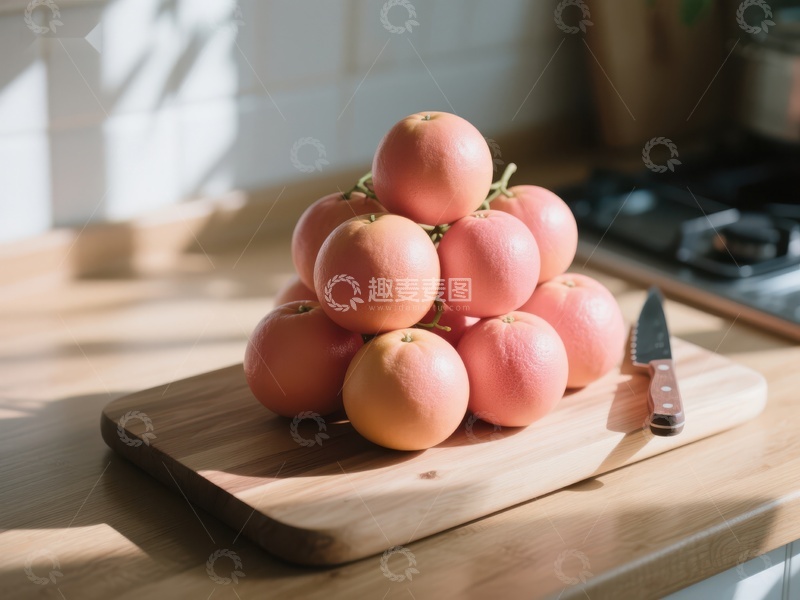 高清大图下载【趣麦麦图】新鲜橙子堆放在木质砧板上