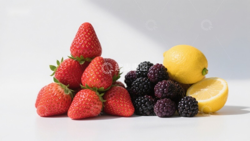 高清大图下载【趣麦麦图】新鲜水果组合：草莓、黑莓与柠檬