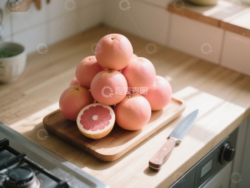 高清大图下载【趣麦麦图】新鲜柚子堆叠在厨房砧板上